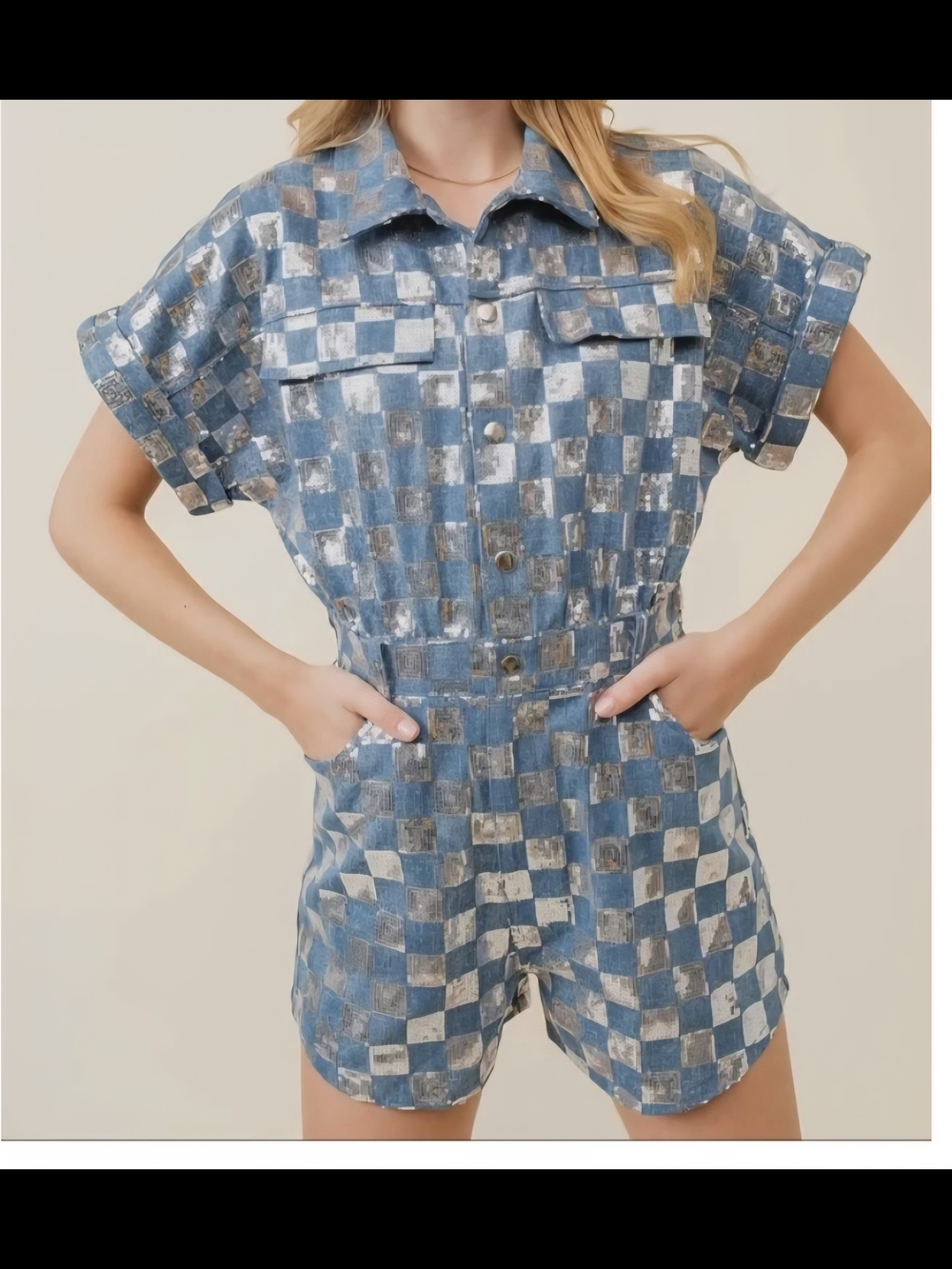 Wild JUNKIE Blue Checkered Short Sleeve Romper